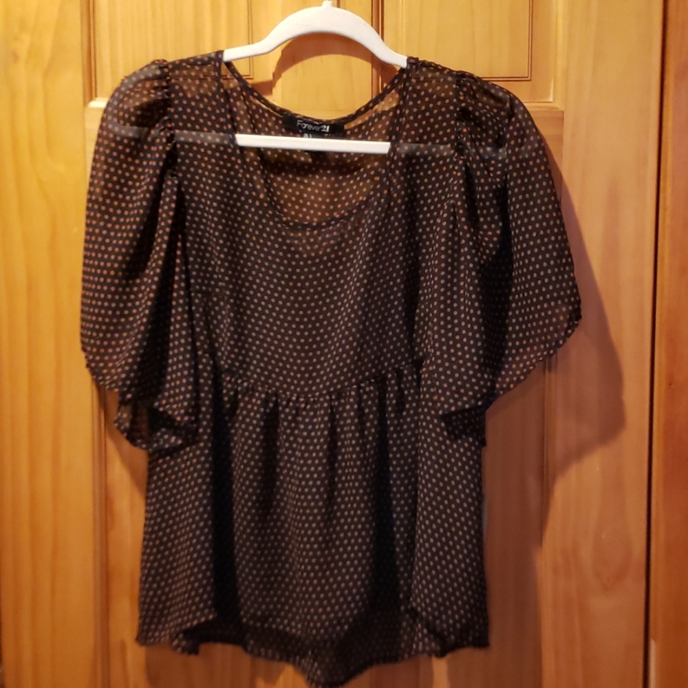 Sheer Brown Autum Polka Dot Forever 21 Babydoll top Flutter Sleeves